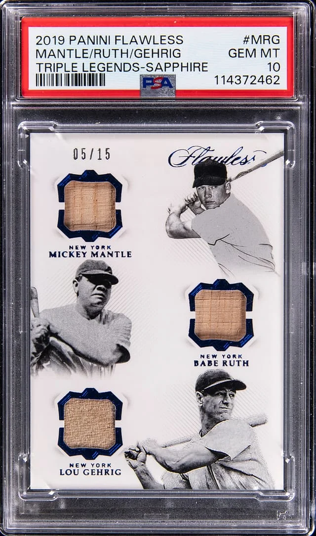 2019 Panini Flawless Mickey Mantle/Babe Ruth/Lou Gehrig Triple Legends Sapphire #TL-MRG card image