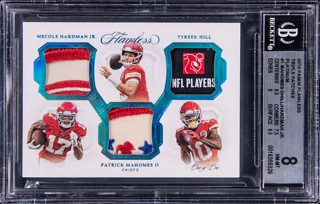 2019 Panini Flawless Patrick Mahomes II/Tyreek Hill/Mecole Hardman Jr. Triple Patches Platinum #1 card image