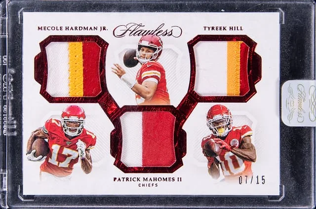 2019 Panini Flawless Patrick Mahomes II/Tyreek Hill/Mecole Hardman Jr. Triple Patches Ruby #TP1 card image