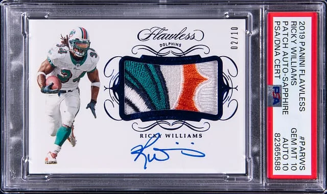 2019 Panini Flawless Ricky Williams Patch Autograph Sapphire #PARWS card image