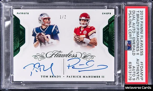 2019 Panini Flawless Tom Brady/Patrick Mahomes II Dual Autograph Emeralds #FDA-MVP card image