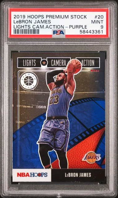 2019 Panini Hoops LeBron James Lights Camera Action Purple #20 card image