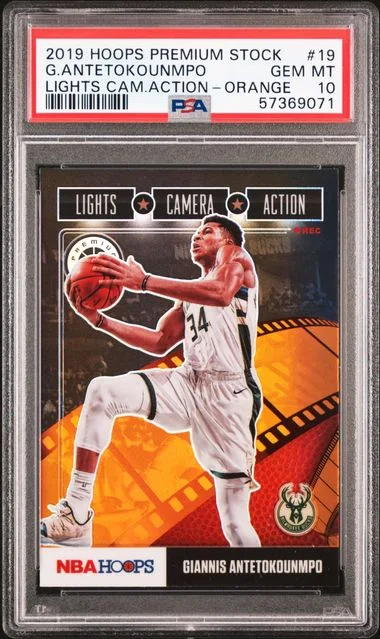 2019 Panini Hoops Premium Stock Giannis Antetokounmpo Lights Camera Action Orange #19 card image