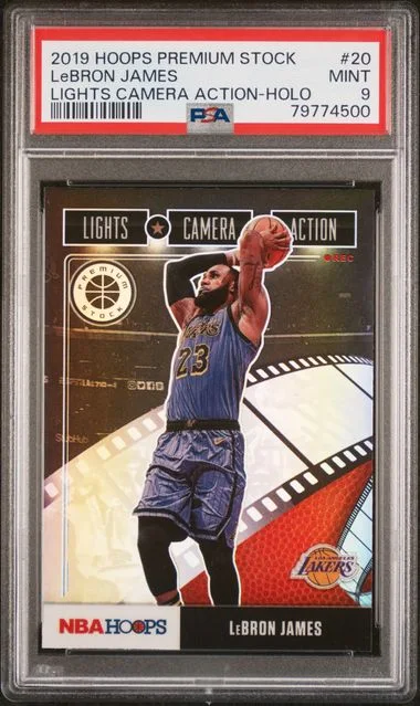 2019 Panini Hoops Premium Stock LeBron James Lights Camera Action Holo #20 card image