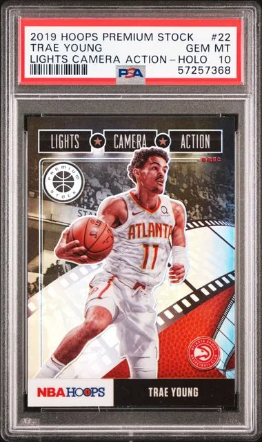 2019 Panini Hoops Premium Stock Trae Young Lights Camera Action Holo #22 card image