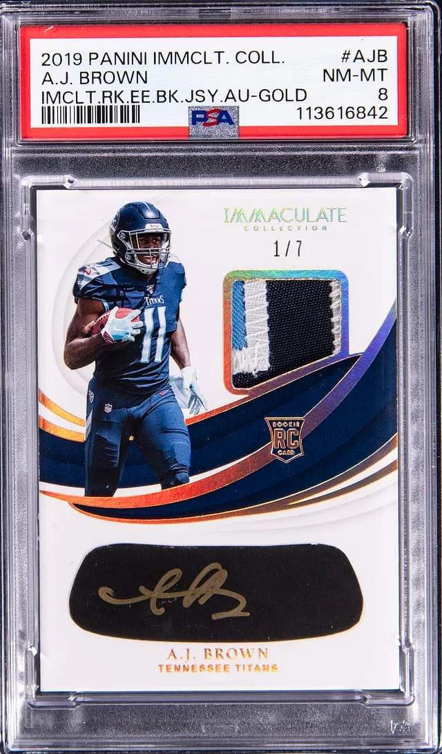 2019 Panini Immaculate Collection A.J. Brown Eye Black Jersey Autograph Gold #REB-AJB card image