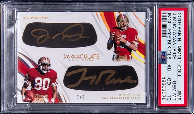 2019 Panini Immaculate Collection Joe Montana/Jerry Rice Immaculate Eye Black Dual Autographs Gold #EBD-MR card image