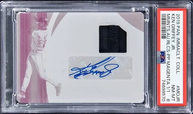 2019 Panini Immaculate Collection Ken Griffey Jr. Moments Autograph Relics Printing Plate Magenta #MOJR card image