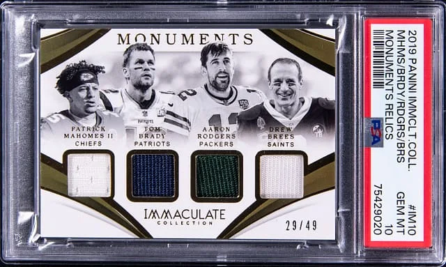 2019 Panini Immaculate Collection Patrick Mahomes II/Tom Brady/Aaron Rodgers/Drew Brees Monuments Relics #IM10 card image