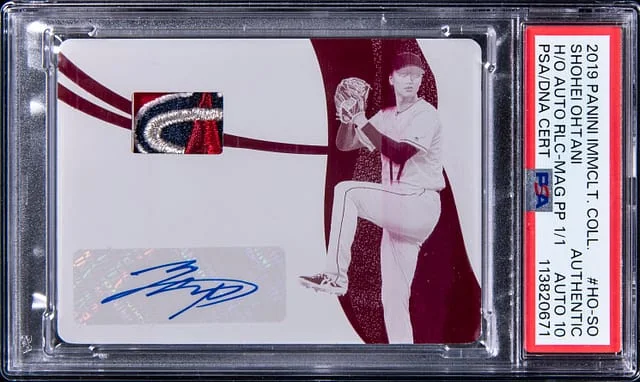 2019 Panini Immaculate Collection Shohei Ohtani Hats Off Autograph Relic Magenta Printing Plate #HO-SO card image