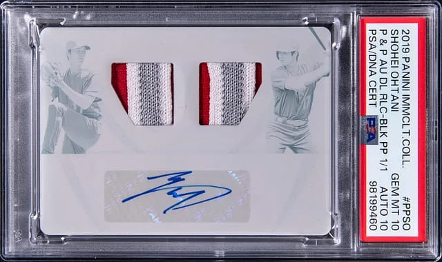 2019 Panini Immaculate Collection Shohei Ohtani Past & Present Autograph Dual Relic Black Printing Plate #PP-SO card image