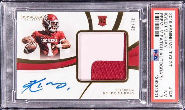 2019 Panini Immaculate Kyler Murray Collegiate Premium Patch Autograph #145 card image