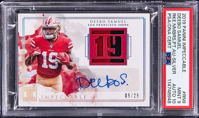 2019 Panini Impeccable Deebo Samuel Numbers Patch Autograph Silver #RN9 card image