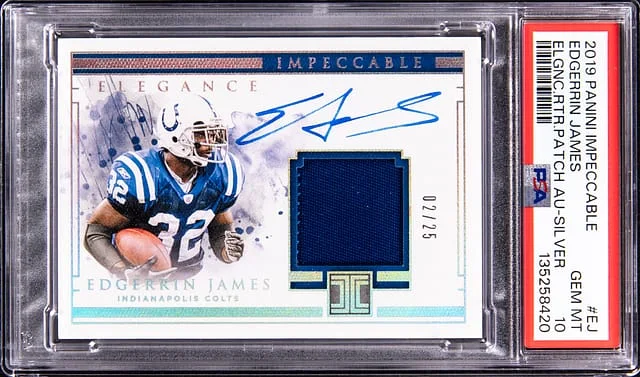 2019 Panini Impeccable Edgerrin James Elegance Retired Patch Autographs-Silver #ERPA-EJ card image