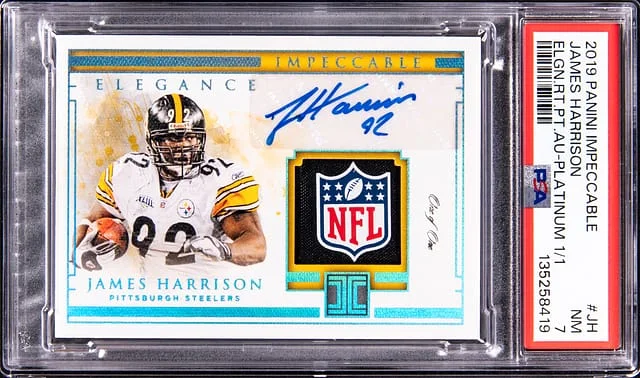 2019 Panini Impeccable James Harrison Elegance Retired Patch Autographs-Platinum #ERPA-JH card image