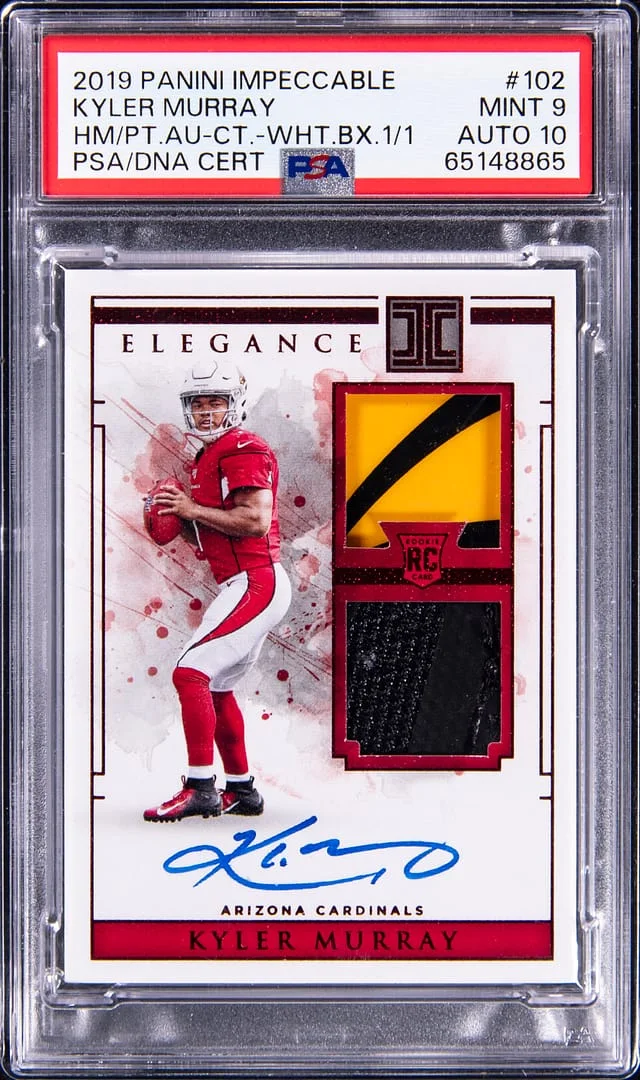 2019 Panini Impeccable Kyler Murray Helmet/Patch Autograph #102 card image