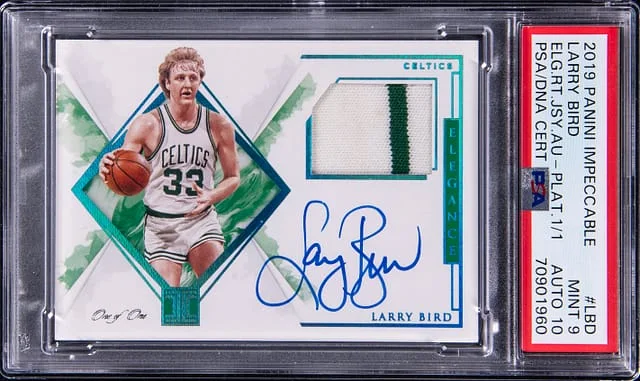2019 Panini Impeccable Larry Bird Elegance Retired Jersey Autographs Platinum 1/1 #LBD card image