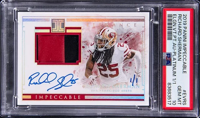 2019 Panini Impeccable Richard Sherman Elegance Veteran Patch Autograph Platinum #EV-RS card image