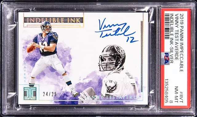 2019 Panini Impeccable Vinny Testaverde Indelible Ink-Silver #II-VT card image