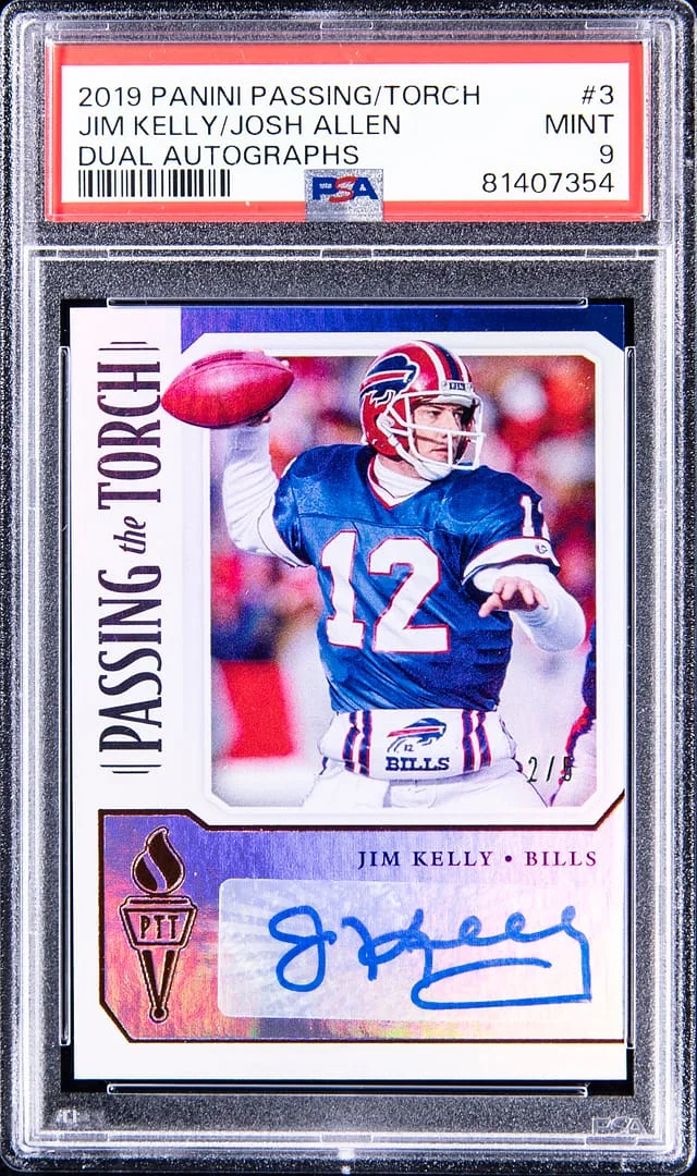 2019 Panini Jim Kelly/Josh Allen Passing the Torch Dual Autographs #PTTD-3 card image