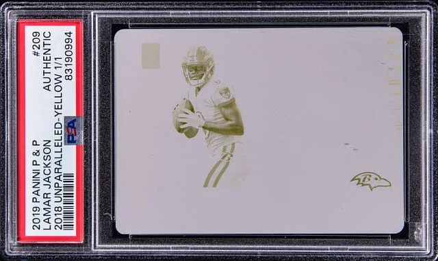 2019 Panini Lamar Jackson Plates and Patches 2018 Unparalleled Yellow Printing Plate #209 card image