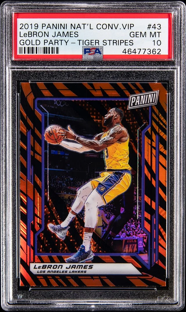 2019 Panini LeBron James National Convention VIP Gold Party Tiger Stripes Prizm #43 card image