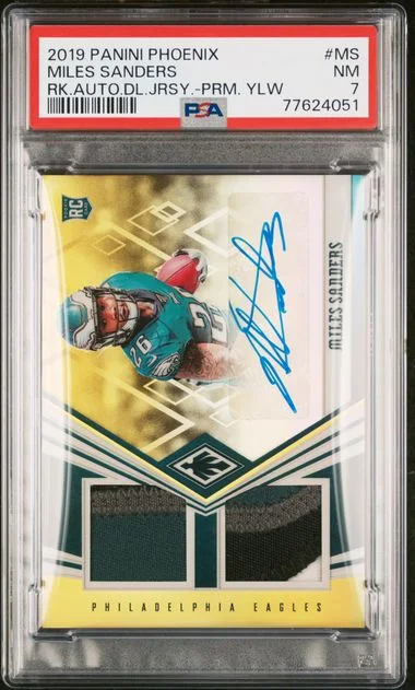 2019 Panini Miles Sanders Phoenix Autograph Dual Jersey Prime Yellow #RDA-MS card image