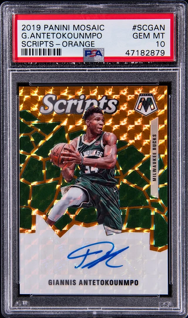 2019 Panini Mosaic Giannis Antetokounmpo Scripts Orange #SCGAN card image