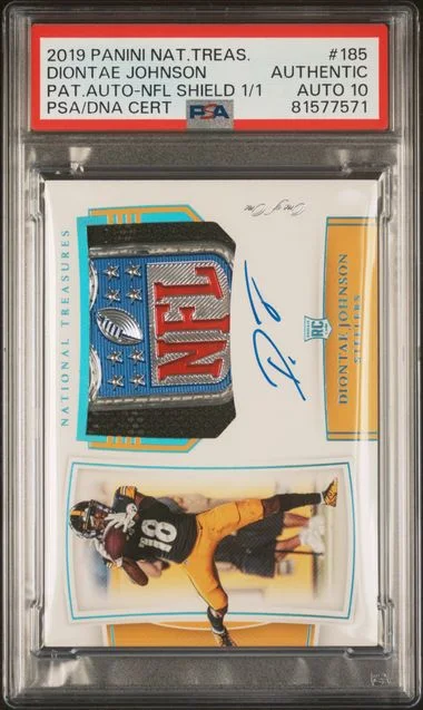 2019 Panini National Treasures 185 Diontae Johnson Patch Autograph-Nfl Shield #1/1 card image