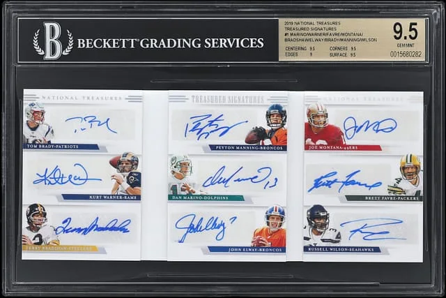 2019 Panini National Treasures Brady/Warner/Bradshaw/Manning/Marino/Elway/Montana/Favre/Wilson Treasured Signatures #TRS-QB card image