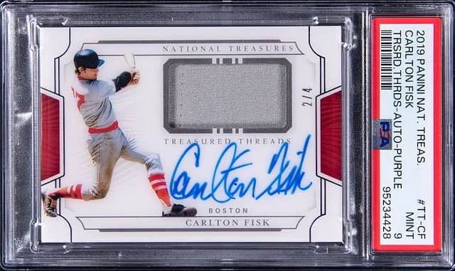 2019 Panini National Treasures Carlton Fisk Treasured Threads Autograph Purple #TT-CF card image