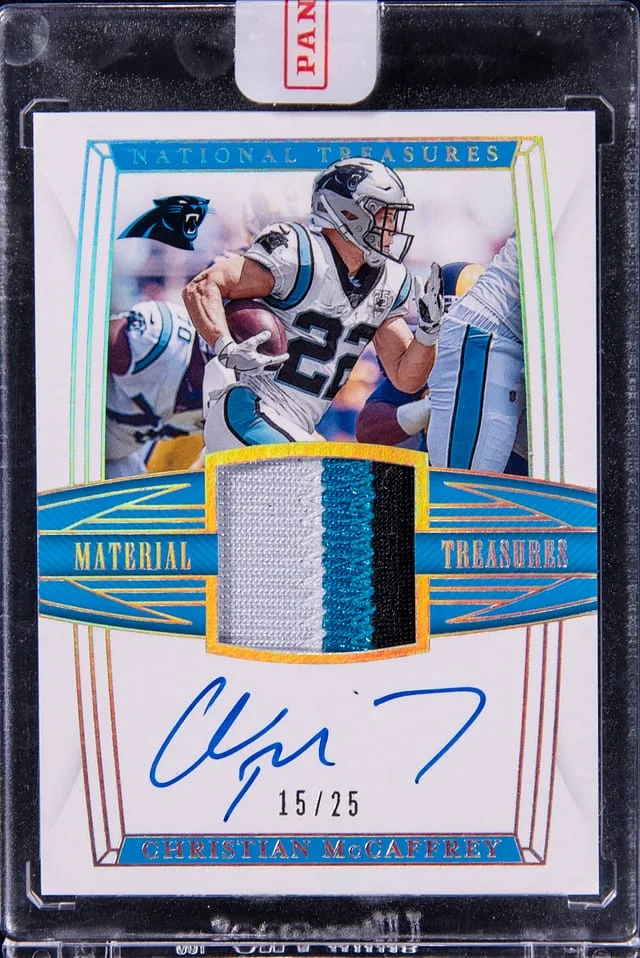 2019 Panini National Treasures Christian McCaffrey Material Signature Prime #MTS-CM card image