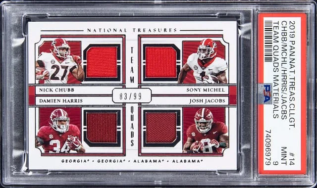 2019 Panini National Treasures Chubb/Michel/Harris/Jacobs Collegiate Team Quads Materials #14 card image