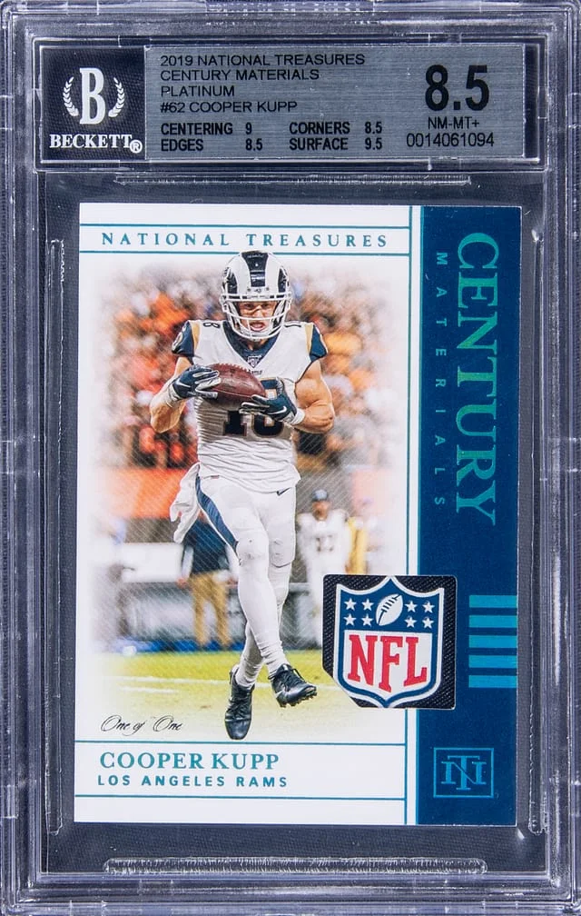 2019 Panini National Treasures Cooper Kupp NFL Shield Century Materials Platinum #62 card image