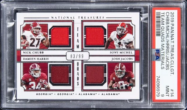 2019 Panini National Treasures Damien Harris/Josh Jacobs /Nick Chubb/Sony Michel Collegiate Team Quads Materials #14 card image