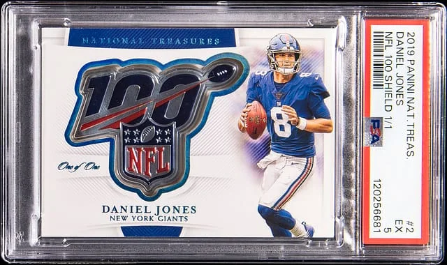 2019 Panini National Treasures Daniel Jones NFL 100 Shield #2 card image