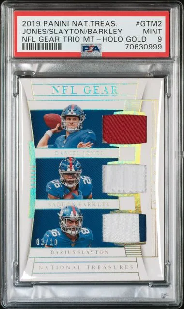 2019 Panini National Treasures Daniel Jones/Darius Slayton/Saquon Barkley NFL Gear Trio Materials Holo Gold #GTM-2 card image