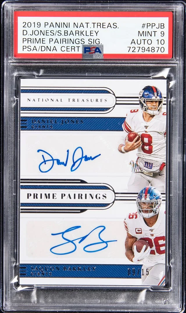 2019 Panini National Treasures Daniel Jones/Saquon Barkley Prime Pairings Signatures #PP-JB card image