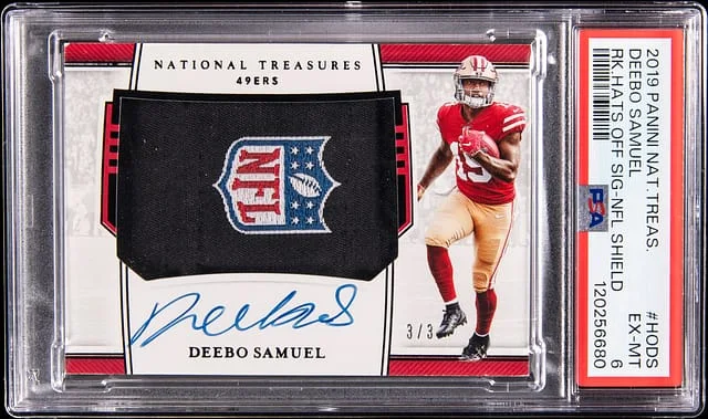 2019 Panini National Treasures Deebo Samuel Hats Off Signatures NFL Shield #HO-DS card image