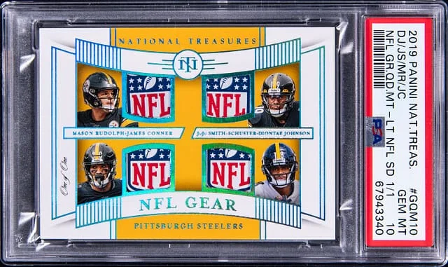 2019 Panini National Treasures Diontae Johnson/James Conner/Juju Smith-Schuster/Mason Rudolph Nfl Gear Quad Materials #GQM10 card image