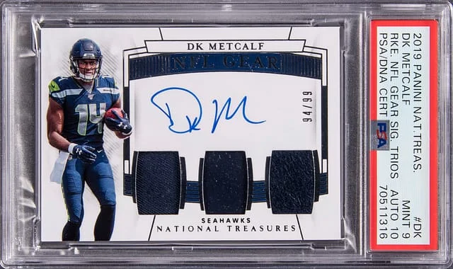 2019 Panini National Treasures DK Metcalf NFL Gear Signatures Trios #RST-DK card image