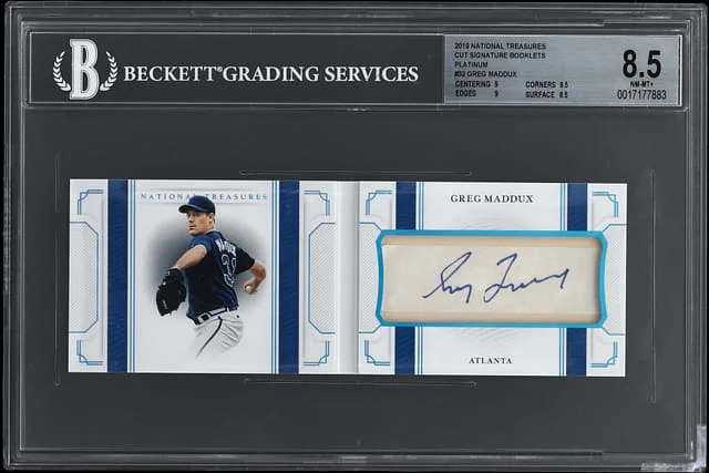 2019 Panini National Treasures Greg Maddux Cut Signatures Booklets Platinum #CSB-JM card image