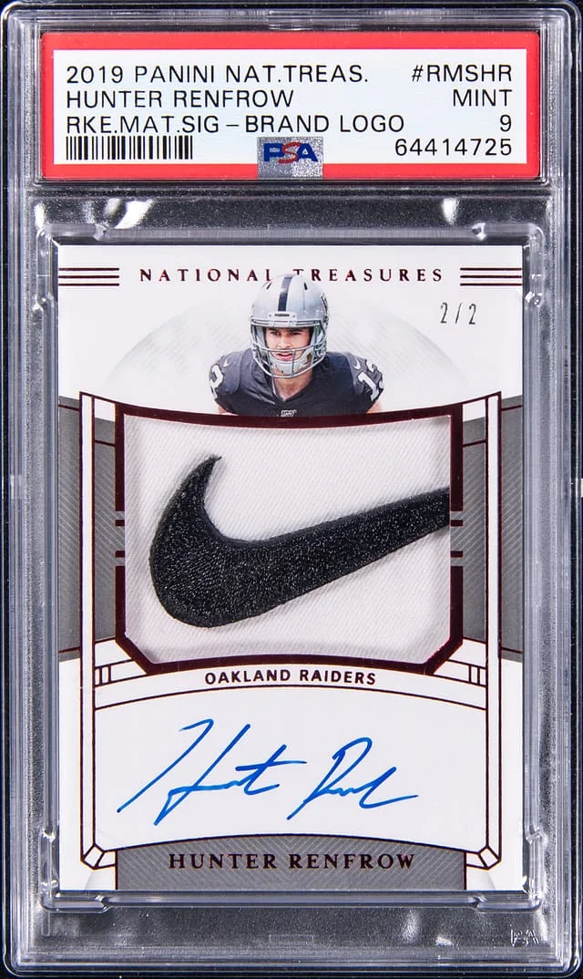 2019 Panini National Treasures Hunter Renfrow Material Signatures - Brand Logo #RMSHR card image