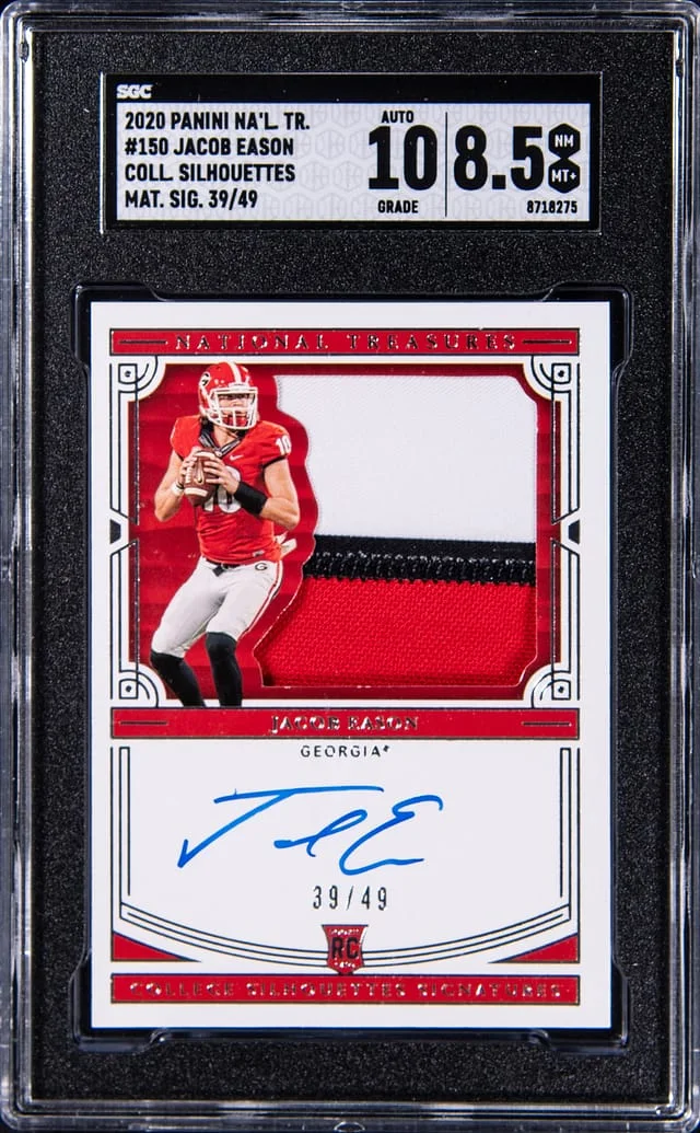 2019 Panini National Treasures Jacob Eason Collegiate Silhouettes Material Signatures #150 card image