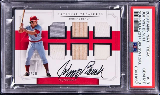 2019 Panini National Treasures Johnny Bench Supplied 2017 Six Swatch Signatures #SSS-JB card image