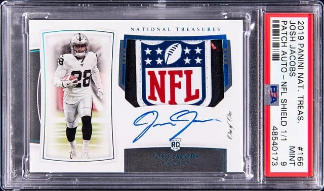 2019 Panini National Treasures Josh Jacobs Patch Autograph (RPA) NFL Shield #166 card image