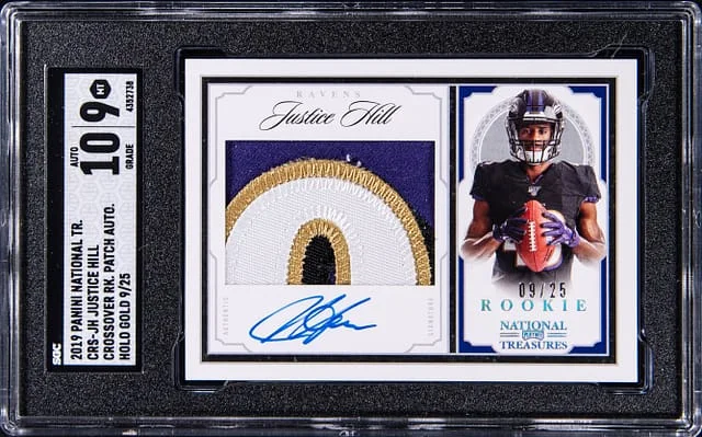 2019 Panini National Treasures Justice Hill Crossover Patch Autograph Holo Gold #CRS-JH card image