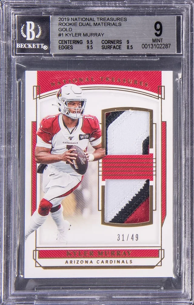 2019 Panini National Treasures Kyler Murray Dual Dual Materials Gold #1 card image