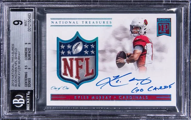 2019 Panini National Treasures Kyler Murray Blockchain NFL Shield #SAKM card image