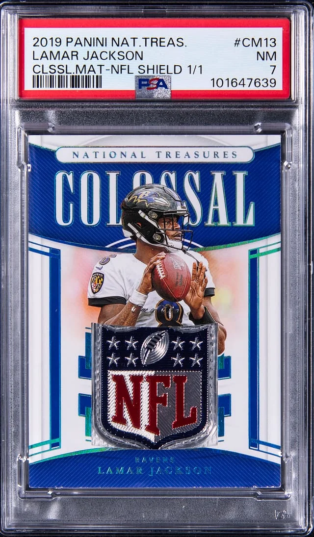 2019 Panini National Treasures Lamar Jackson Colossal Materials NFL Shield #CM-13 card image